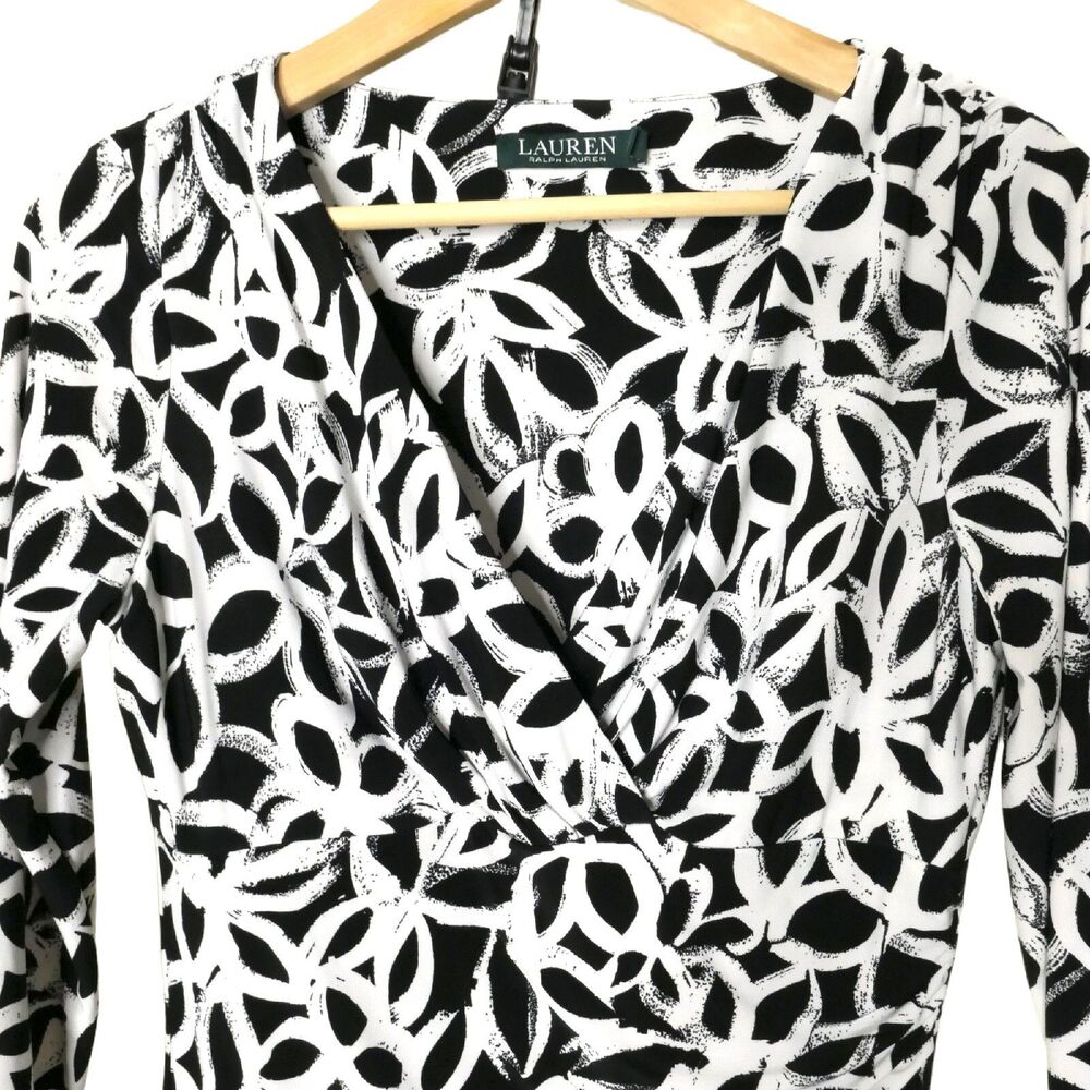 Lauren Ralph Lauren Women's Sz 6 Black White Office Career Faux Wrap Dress EUC - Picture 3 of 11